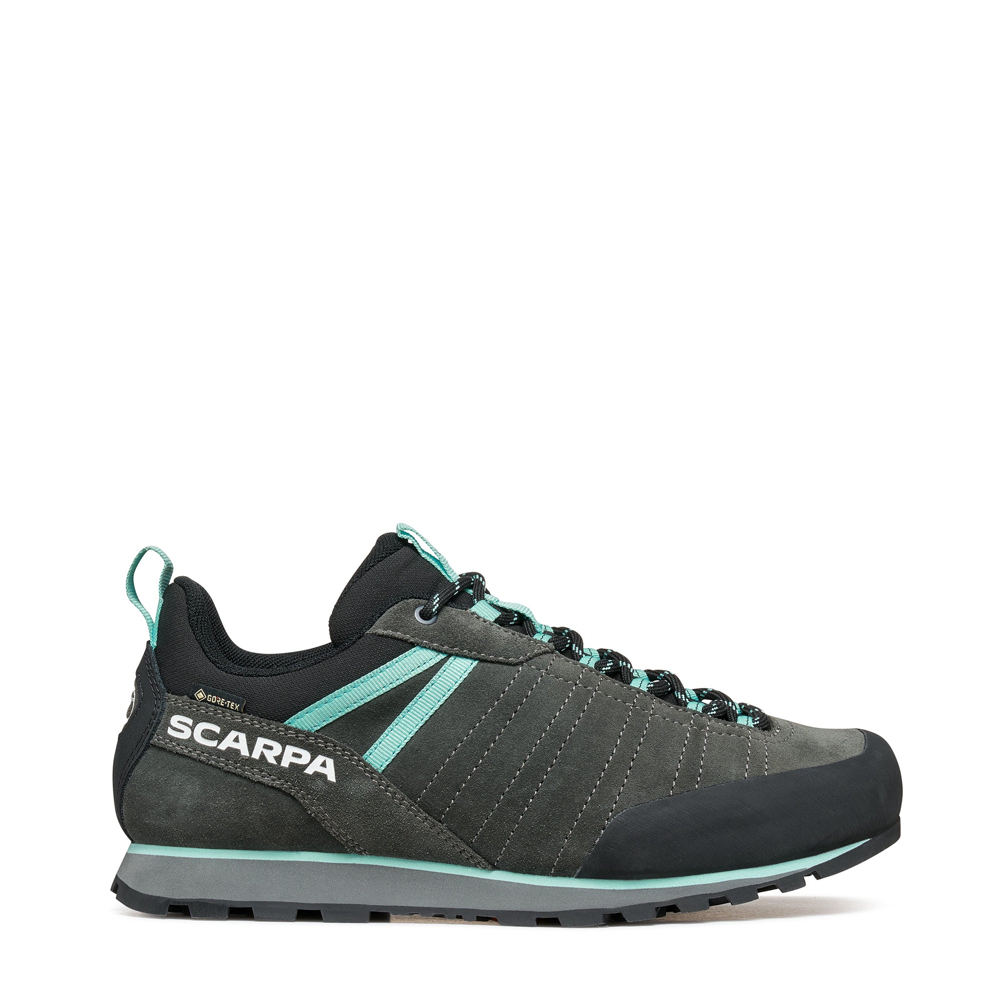 Gray and teal hiking shoe with 'Scarpa' branding on a white background