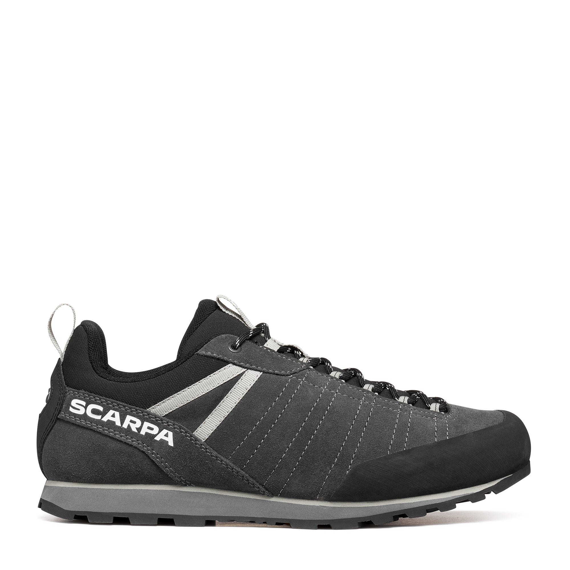 Gray and black athletic shoe with 'Scarpa' branding on a white background