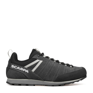 Gray and black athletic shoe with 'Scarpa' branding on a white background
