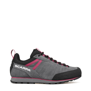 Gray and black athletic shoe with pink accents on a white background